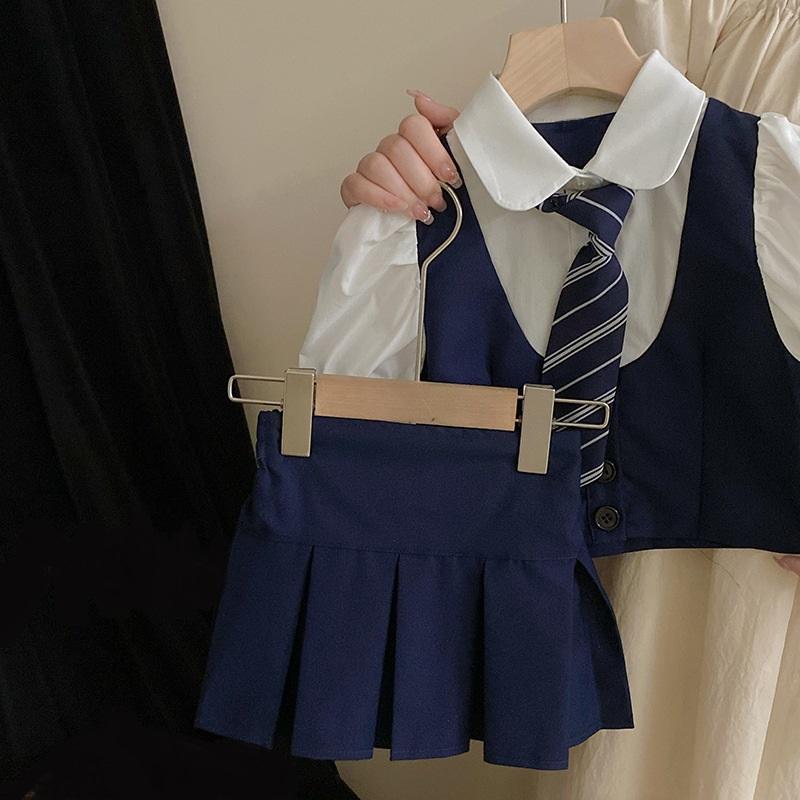 Summer Preppy Style Children Outfits Kids Clothes Set Teenage Girls School Uniform Short Sleeve Shirt+Skirt Two Piece Suit