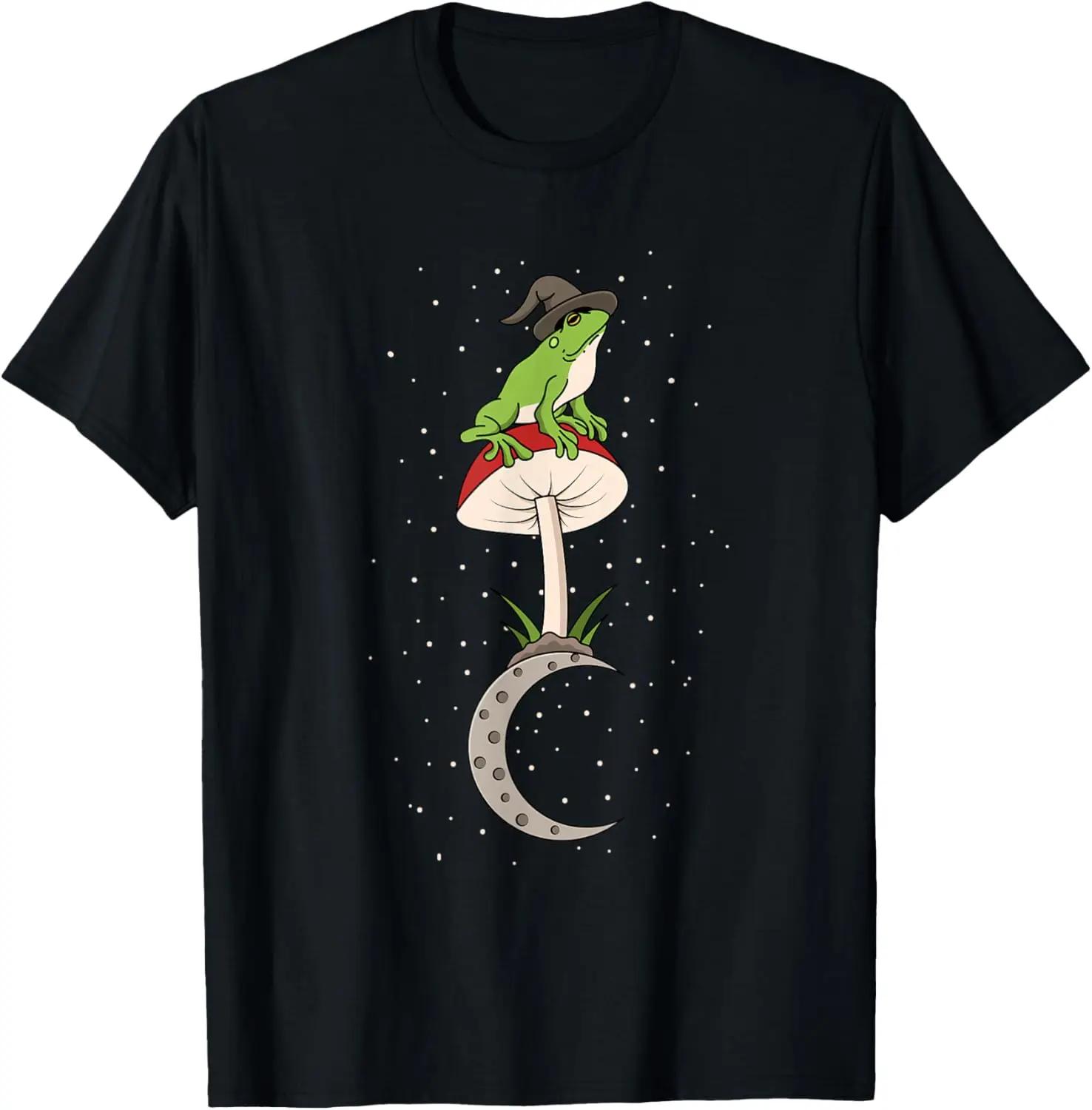 Witch Frog on Mushroom Moon Cottagecore Graphic TShirt Breathable Cotton Round Neck Tee for Unisex S