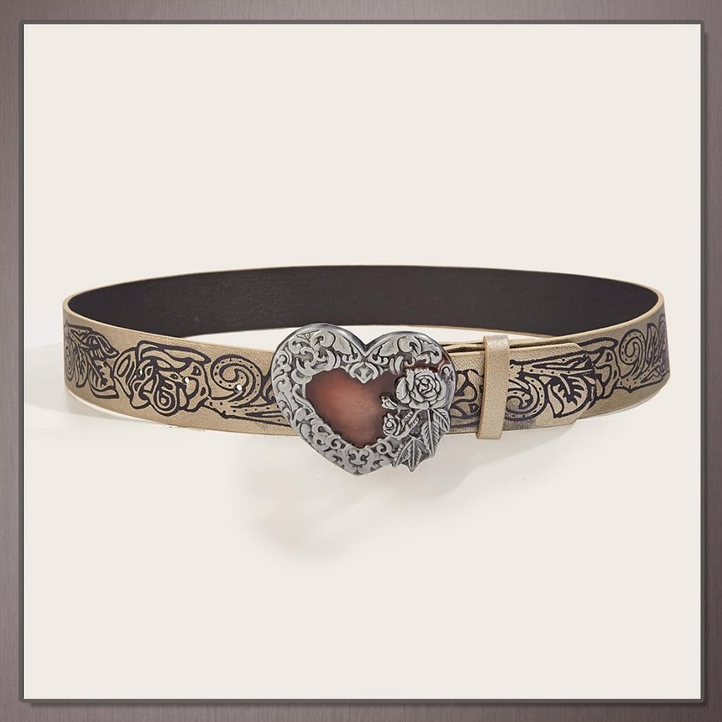 [One Limitation] Belt Buckle Heart Retro Rose Casual Fashion Men's Women's BP921 (Beige)