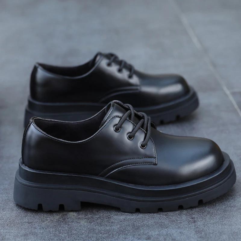 2024 Increase 6cm Men Derby Shoes New 2024 Man Cow Leather Lace-Up Shoes Casual Business Round Toe Loafers Black Working Shoes