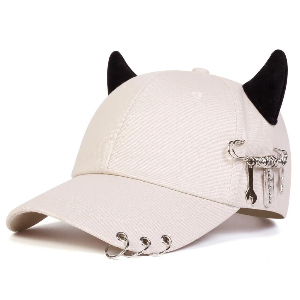 Personalized cow horn iron ring baseball cap versatile student curved brim duckbill cap for men and women street hip-hop