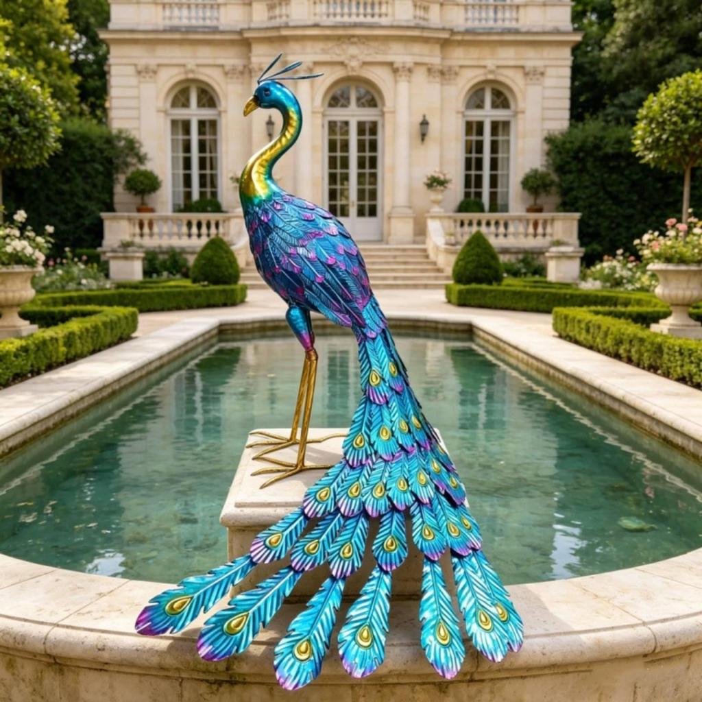 Metal Peacock Statue Weather-Resistant Avian Garden Sculpture
