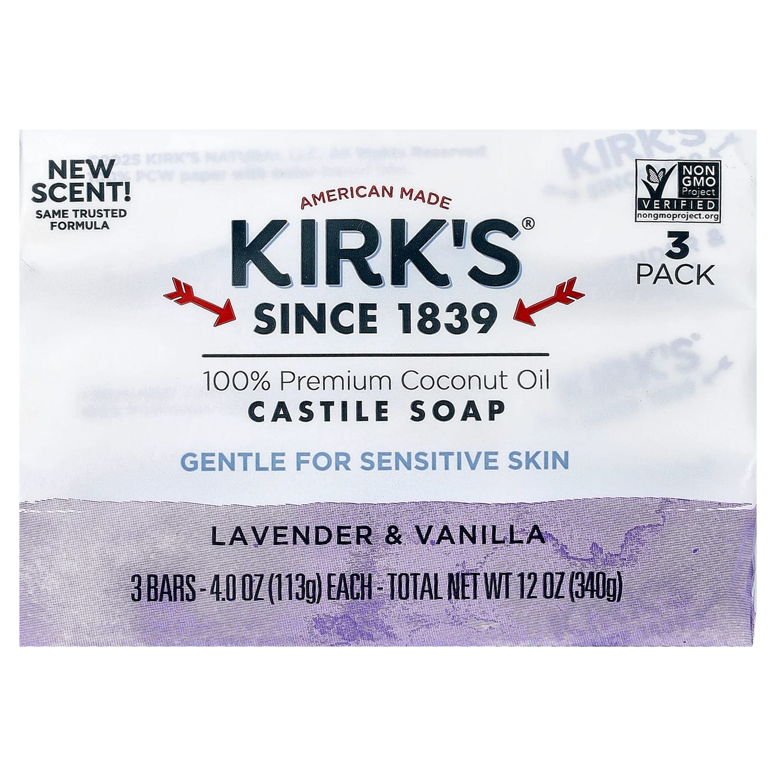 

Kirk s 100% Premium Coconut Oil Castile Bar Soap, Lavender and Vanilla, 3 Bars, 4 oz (113 g) Each