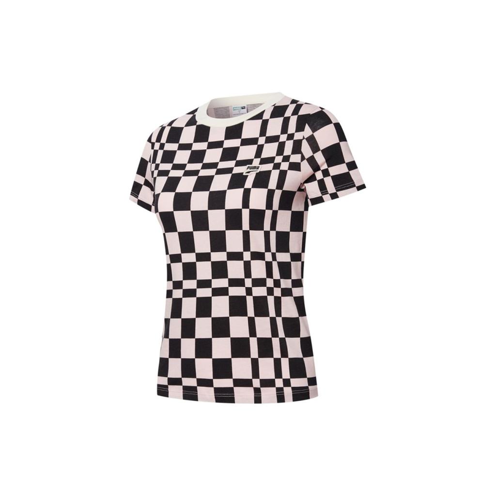 Puma Downtown Checkered Round Neck Short Sleeve Tee Women Tops Pink 533046-36