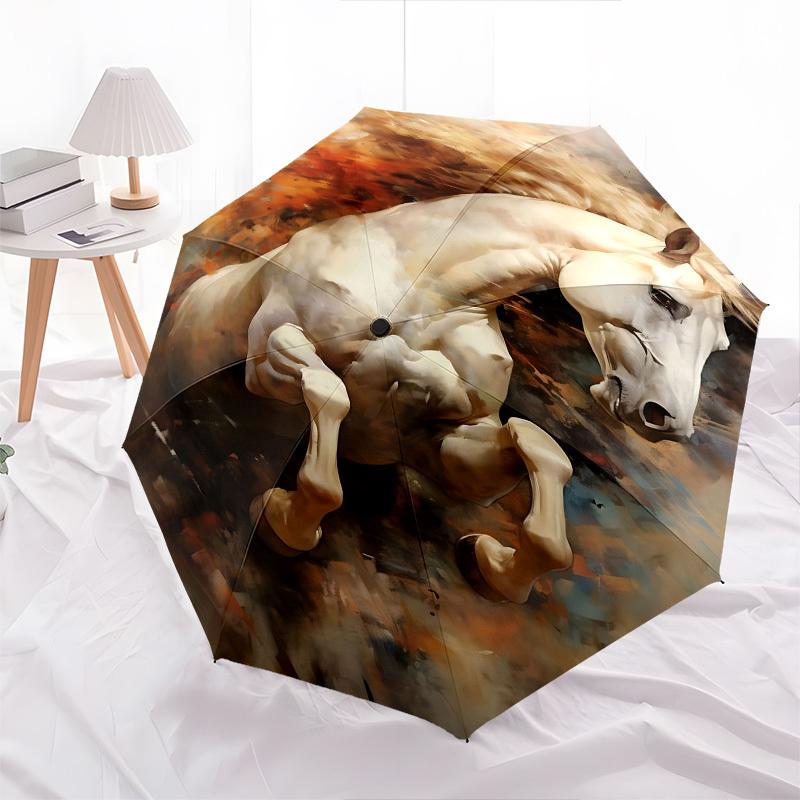 Pferd, Automatischer Öffnungs- und Schließschirm im künstlerischen Design, Helle Farbe, 8-Speichen, Tragbarer Regenschirm, Geeignet für Männer und Frauen, Ein Perf