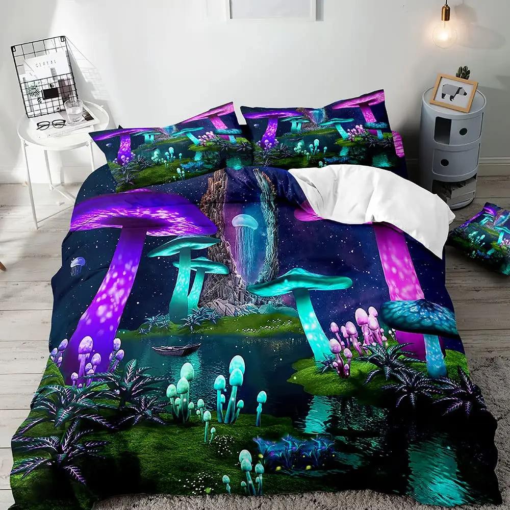 3D Psychedelic Mushroom Duvet Set Bohemian Mushroom Bedding Set Full Size Three-Piece Set