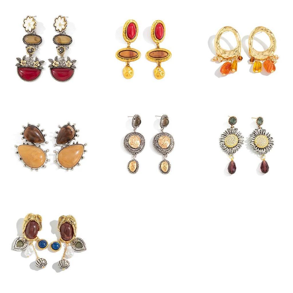 SHIXIN 7 Styles Vintage Acrylic Resin Irregular Pendant Earrings for Women New Trendy Geometric Flowers Drop Party Jewelry Gifts