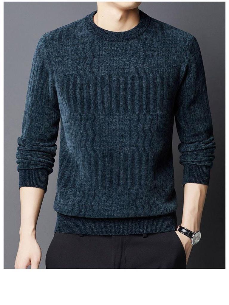 Mid-aged Men's Fleece-lined Warm Chenille Round Neck Base Layer Knitwear for Autumn/Winter