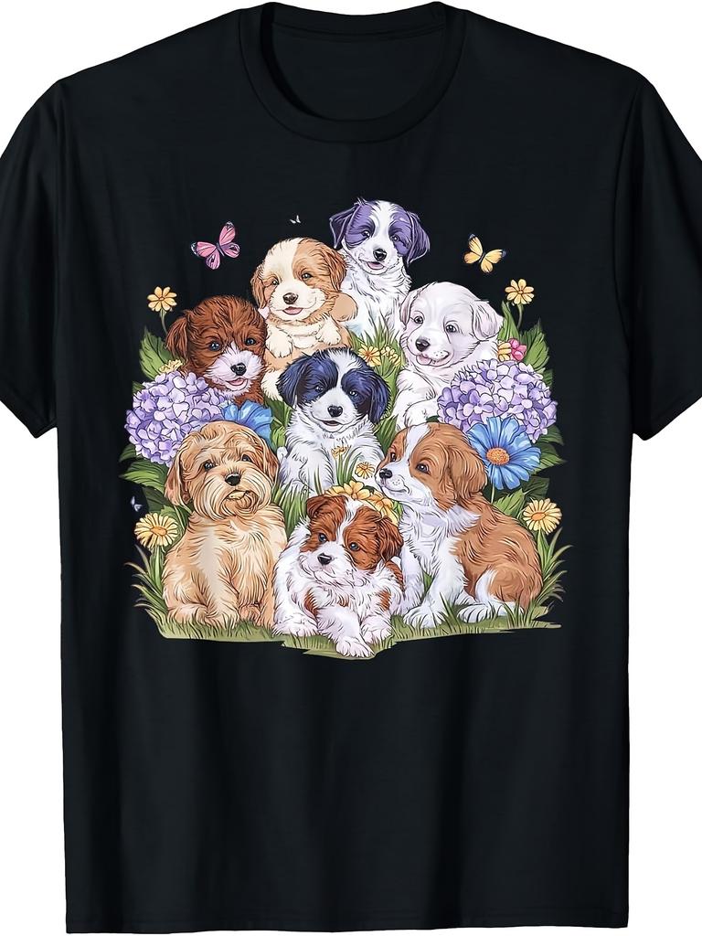 Cute Puppy Art Style, for Man's & Woman T-Shirt, Adorable Dogs with Flowers And Butterflies Design, Spring Summer Casual Wear