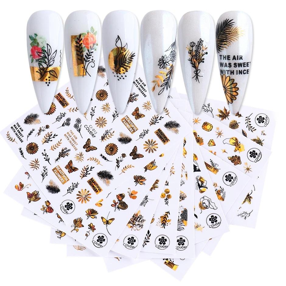 Laser Gold Black 3D Nail Art Stickers Decals Butterfly Flower Rose Plant Maple Leaf Nail Decoration Manicure Tool