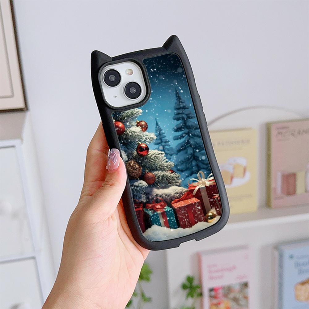 Cat Ear Soft Phone Case for iPhone 16 15 14 13 12 11 Pro Max Plus XR X TPU Anti-Drop Transparent Acrylic Back Cover NY28 Christmas tree Santa Claus