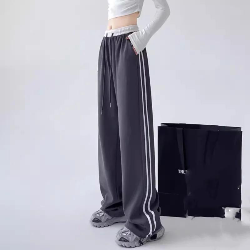 Pantalones deportivos de moda para mujer, estilo reina mandona, de calle, de rayas, para primavera y otoño, con efecto drapeado, cintura alta y pierna ancha