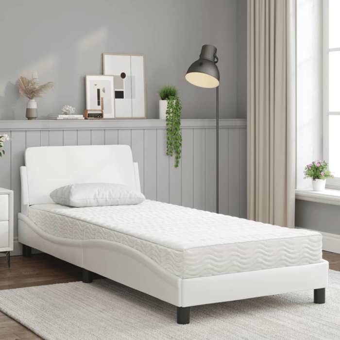 VidaXL Bed with Mattress White 90x200 Cm Faux Leather, Bedroom Furniture, Single Bed, Curved Bed Frame, Slatted Base, 3208338