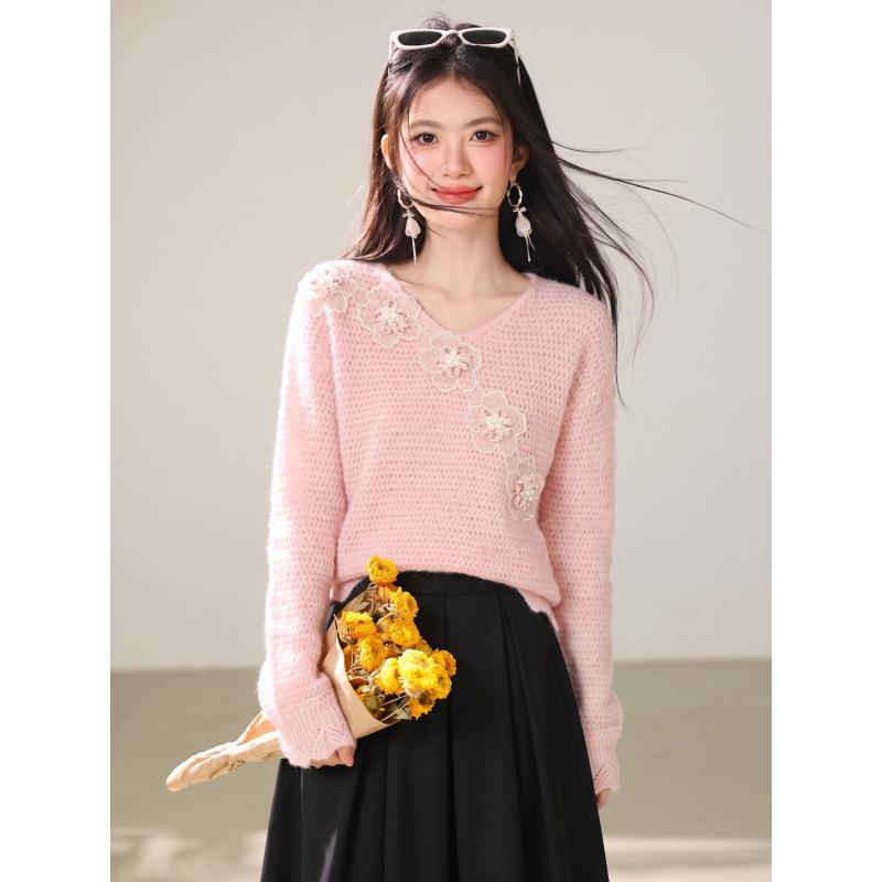 French Chic 3D Flower Knitwear: Women's Pink Sweater