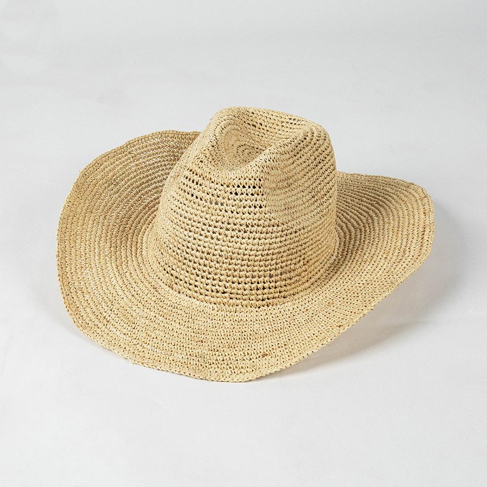 

Spring Summer Fashion Casual Simple Crochet Raffia Cowboy Hat with Curled Brim Outdoor Sun Protection Straw Hat 56-58cm