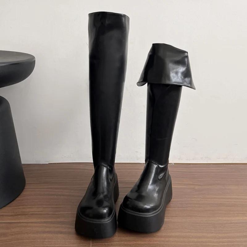 Móda Platformní baleríny Dámské Nad koleno Sněhové vysoké boty Značka Fad Boty na vysokém podpatku Zima 2025 Trend Goth Kožené boty Botas Mujer