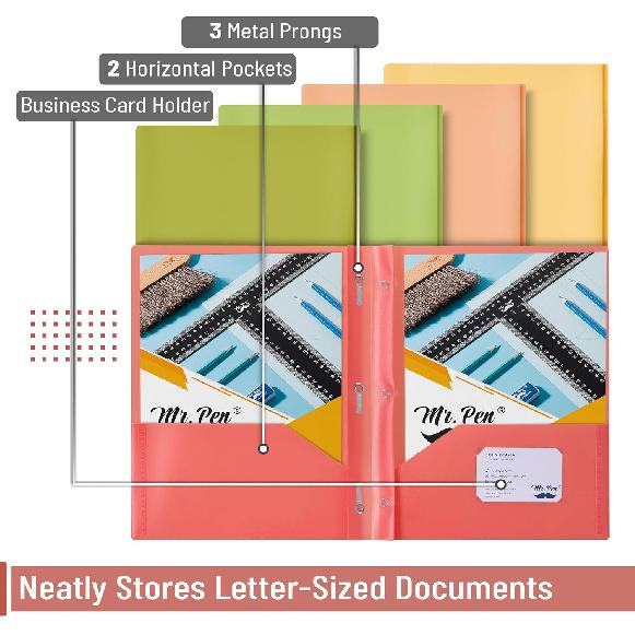 Mr. Pen- Plastic Folders with Pockets and Prong, 5 Pack, Assorted Colors, Pocket Folders, Folders with Prongs, File Folders with Fasteners, 2 Pocket