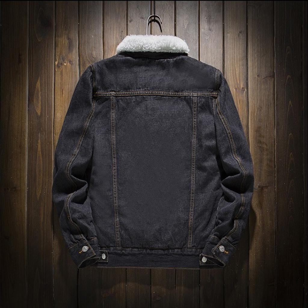 Men's Autumn Winter Add Wool Casual Vintage Wash Distressed Denim Jacket Coat