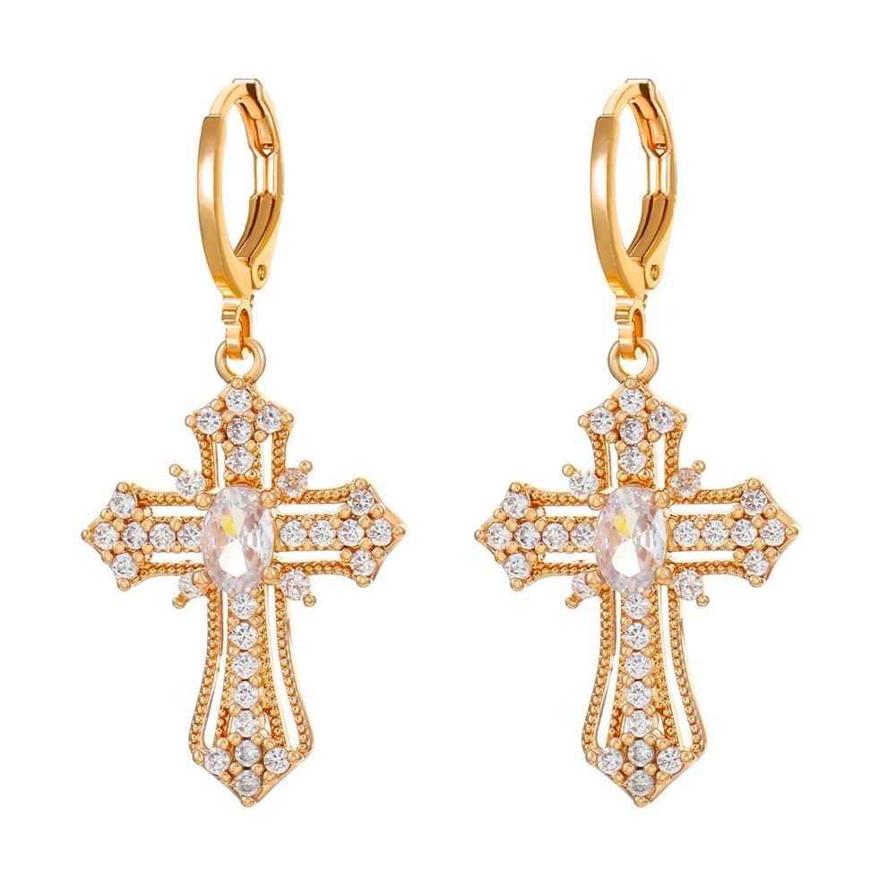 Sparkling Rhinestone Cross Pendant Hoop  Zirconium Stud Earrings Men and Women Punk Hip-hop  Jewelry Y2k