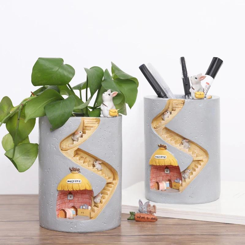 Creative Animal Resin Flower Pot Succulents Planter Water Planting Container Rabbit Hedgehog Decorative Pot Desktop Ornament