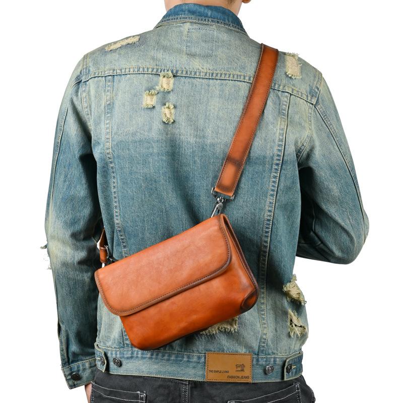New Top Layer Cowhide Phone Bag Made of Tree High Vegetable Tanned Cowhide, Retro Daily Men's and Women's Crossbody Bag, Phone Bag