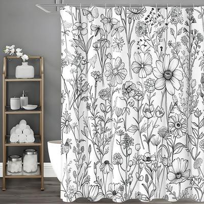 Black and White Floral Shower Curtain, Bathroom Decorative Shower Curtain, Waterproof Shower Curtain with Hooks