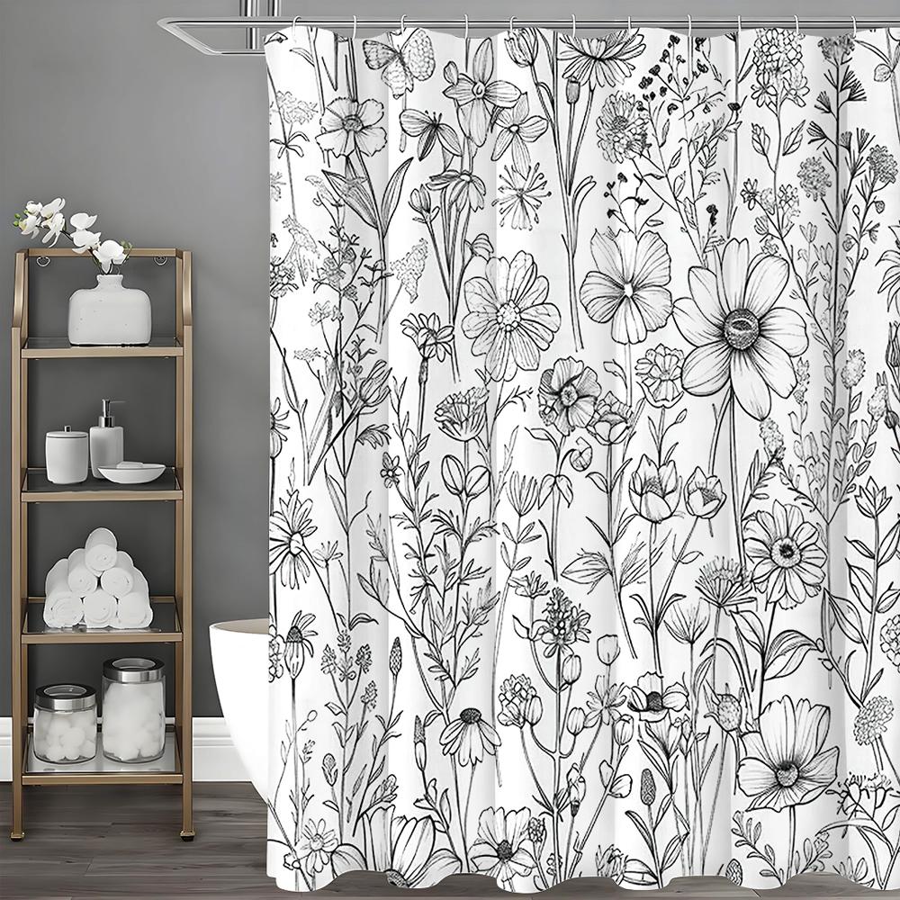 Black and White Floral Shower Curtain, Bathroom Decorative Shower Curtain, Waterproof Shower Curtain with Hooks