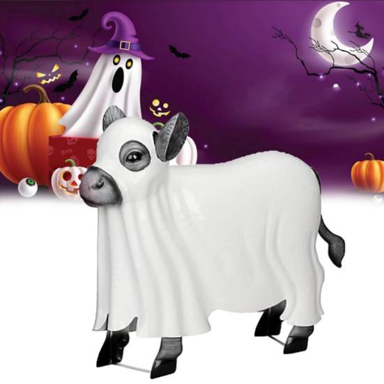 Ghost Cow Statue Halloween Draped Ghost Cattle Figurine Resin Sculpture for Indoor Outdoor Desktop Garden Yard Decor