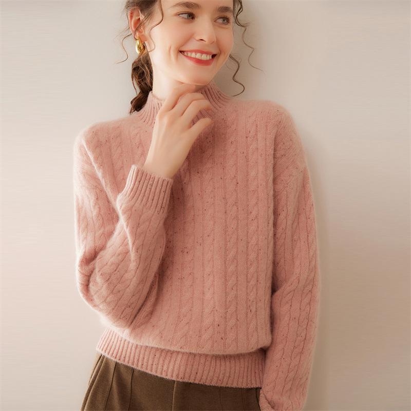 Lekasha Women's Cashmere Cable Knit Sweater - Loose Fit & Slimming Base Layer, Half-High Neck, Autumn/Winter.