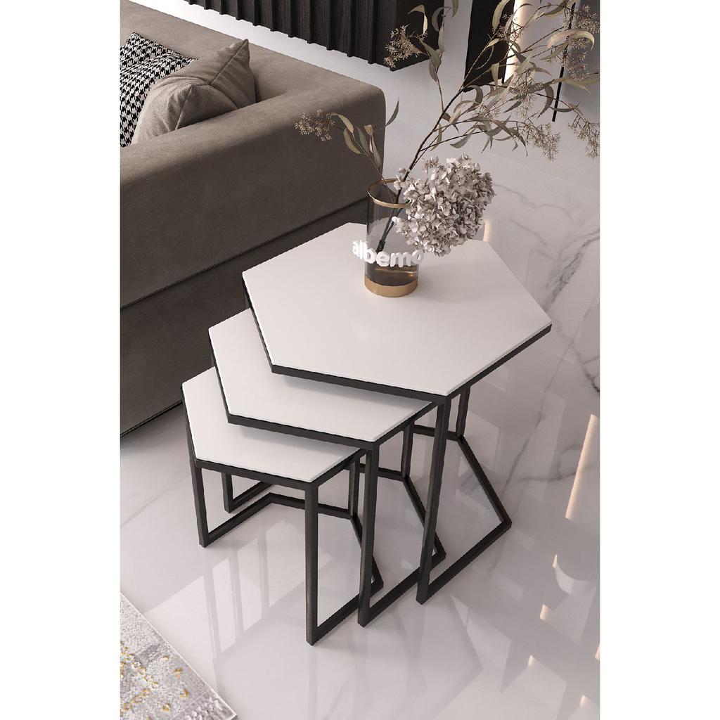 Master Hexagon Black Metal Black Glass 3-piece Nesting Table