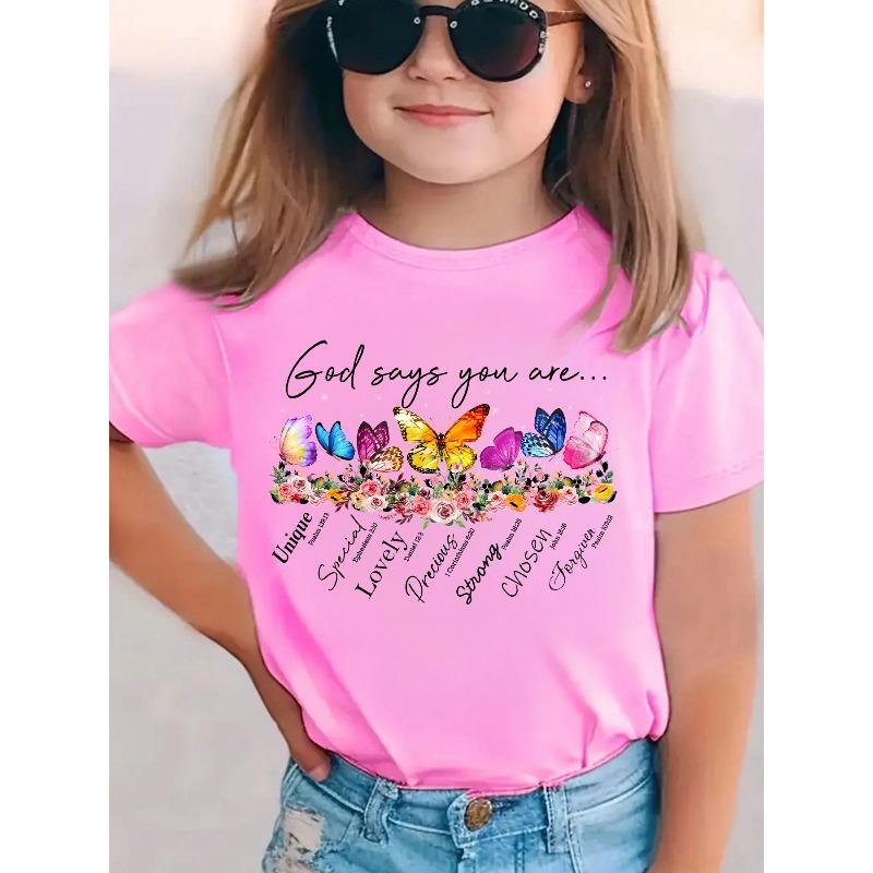 

European sizes Summer Fashion Girls Short-Sleeved T-Shirt, Letter Butterfly, Floral And Other Cartoon Pattern Print Casual Versatile Top 164cm рожевий
