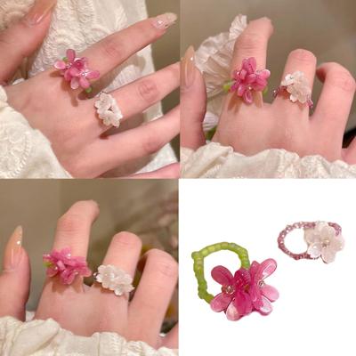 Elastyczny Pierścionek Akrylowy z Fioletowymi Koralikami o Motywie Kwiatowym, Regulowany, Biżuteria na Palec, Styl Koreański, Dodatek Modowy Damski na Imprezę