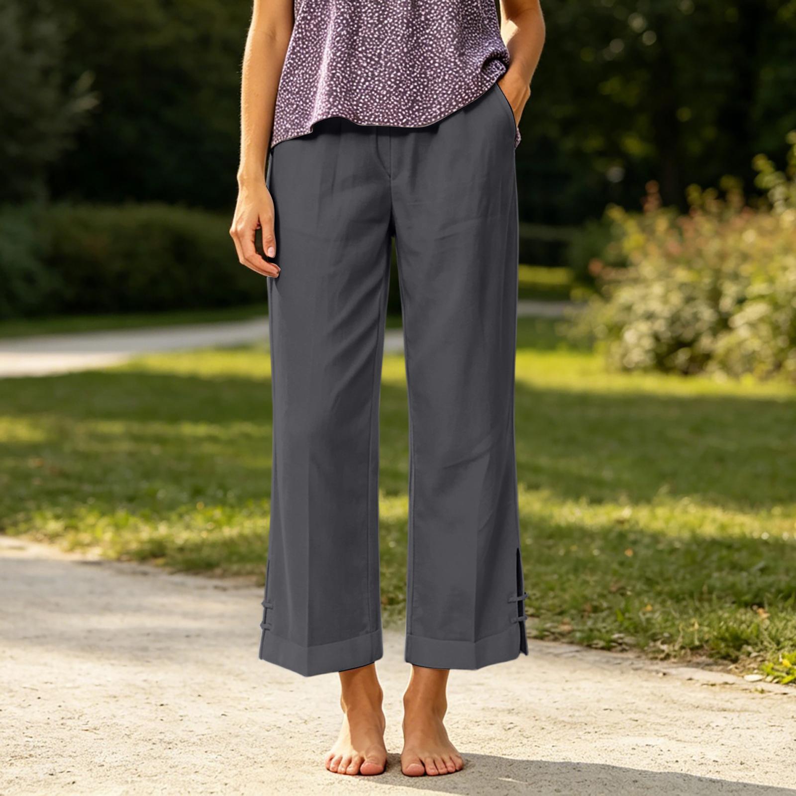 

Women Linen Casual Dress Pants Straight Leg Summer Elastic Waistband with Pockets Suitable for Beach Travel and Everyday Wear M