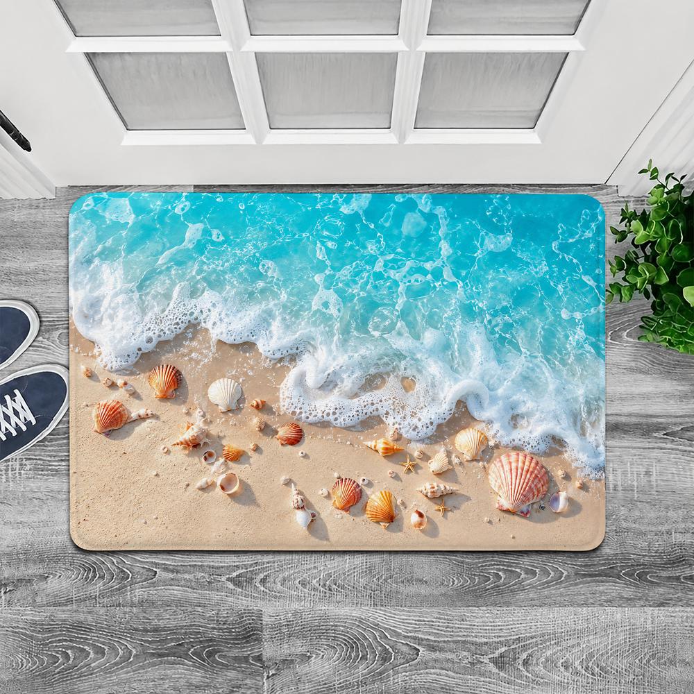 Ocean Waves Beach Shells Floor Mat Flannel Door Mat Non-Slip Washable Foam Entryway Rug for Bathroom Bedroom Entryway