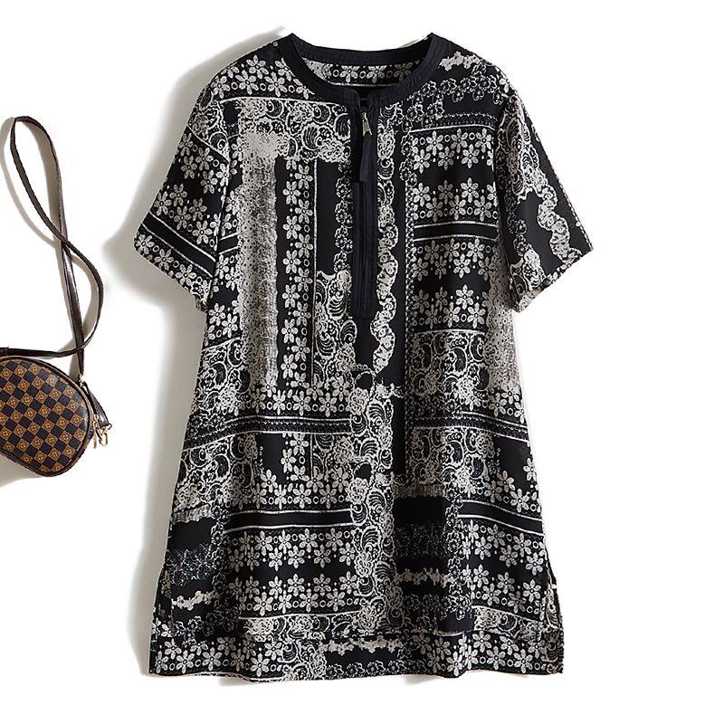 

North America! Import Ramie Yarn round Neck Short Sleeve and Long Pattern Large Front Zipper Easy to Wear Geometric Pattern T-shirt for Women Summer Black L