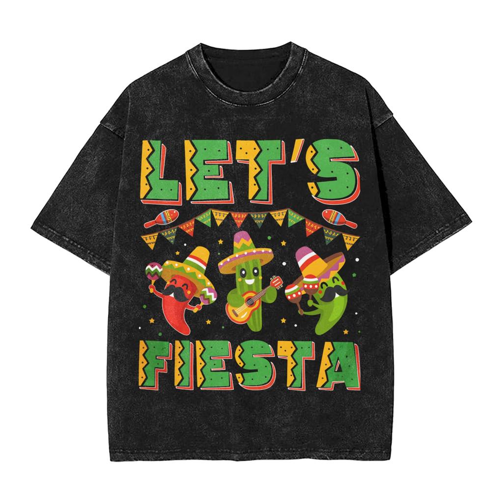 Men Women Tshirt Lets Party Fiesta Washed Tshirts Trendy Cool Summer Tees Y2k Retro Print Cotton Clothing New Arrival