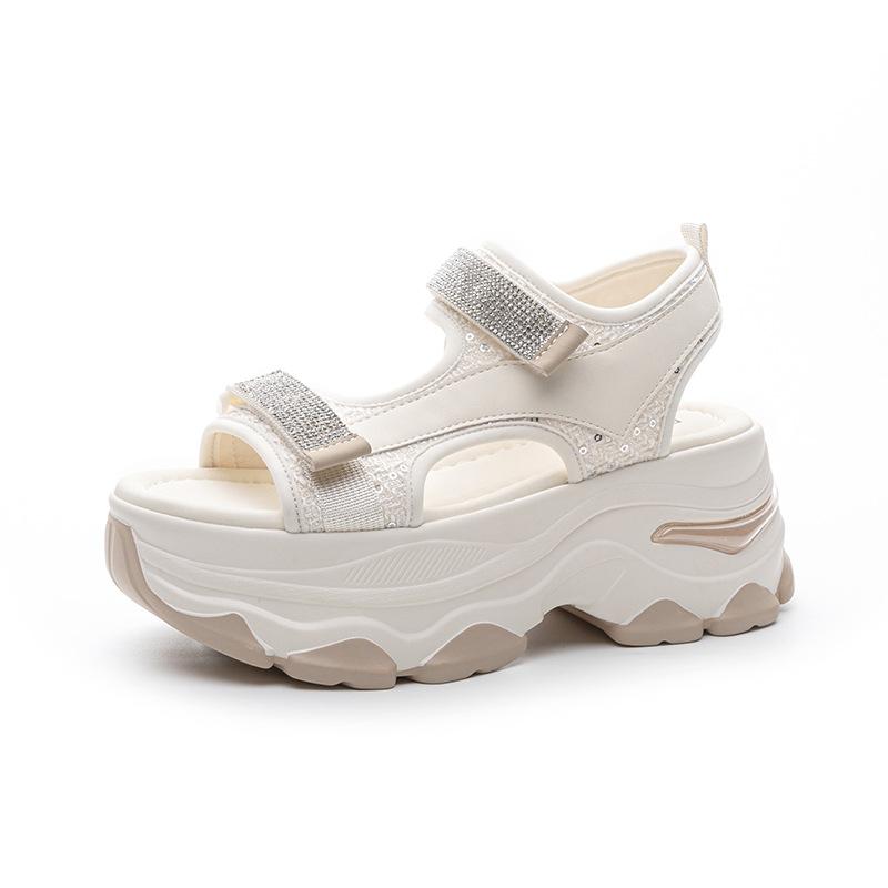 Fashion Rhinestone 7CM  2025 New Genuine Leather Sandals Women Elevator Shoes Comfy Fashion Summer Platform Wedge Ladies Hook&Loop Shoes