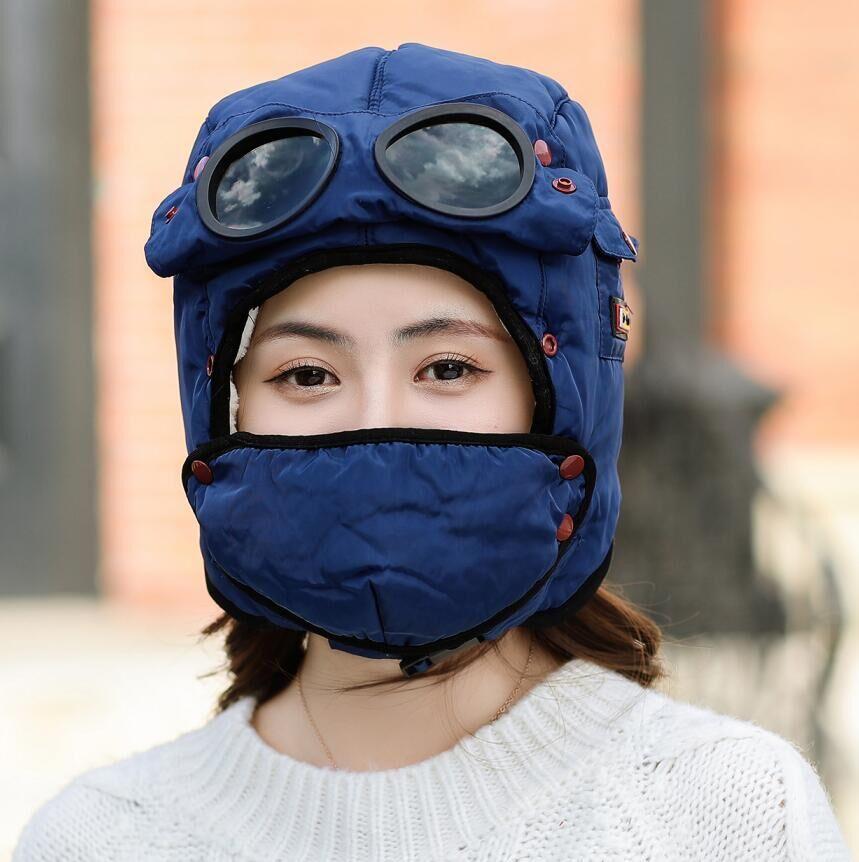 

2021 модная зимняя шапка-авиатор с маской для лица, очками, капюшоном, шапка-авиатор, очками, ушами, взрослая шапка темно-синий