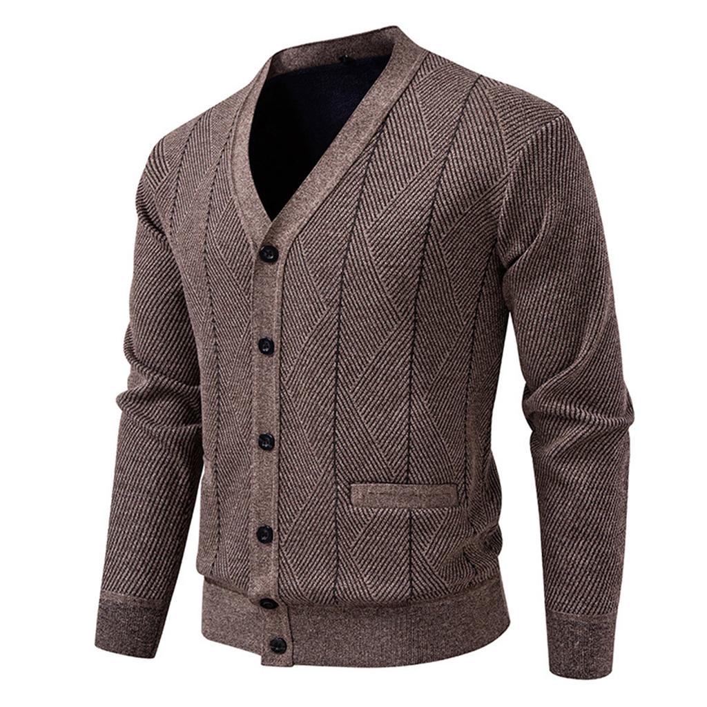 Men's Solid Color Textured Casual Plus Velvet Casual Sports Slim Sweater Needle Cardigan Jacket