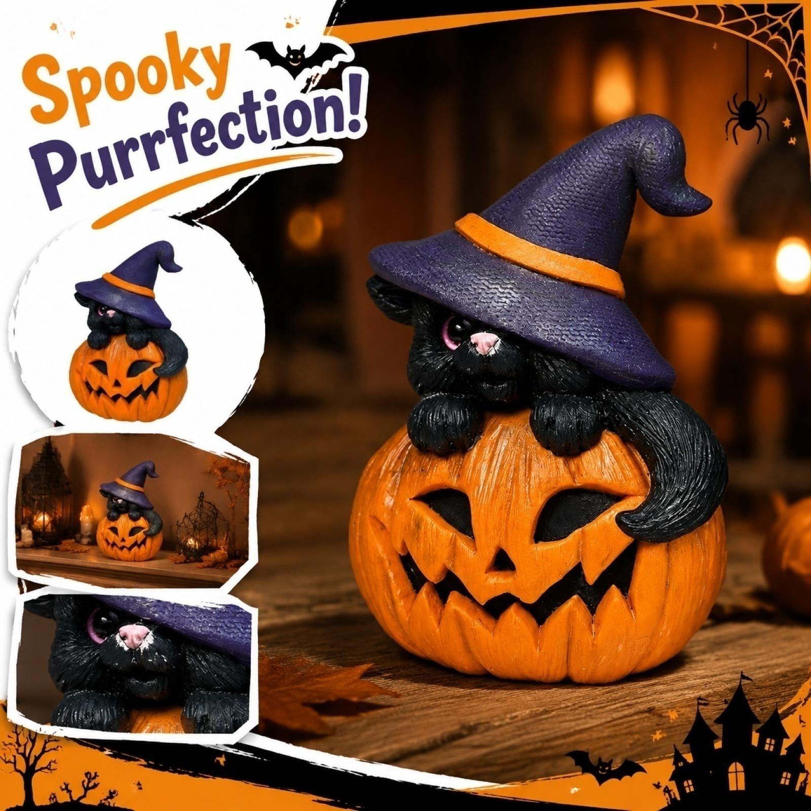 Handcrafted Halloween Decoration Black Cat Sitting on Pumpkin with Witch Hat Seasonal Holiday Tabletop Ornament for Indoor Display One Size