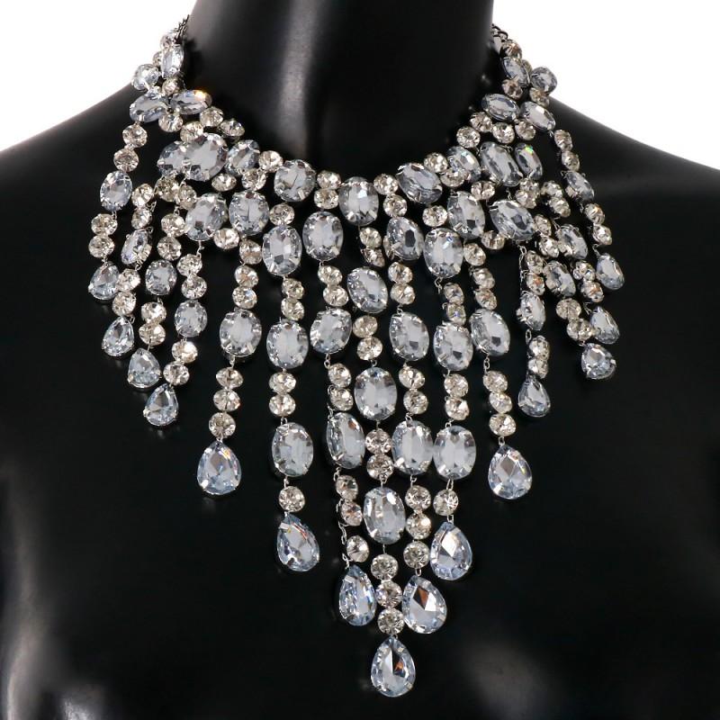 Layered Waterfall Rhinestone Necklace Women Bold Geometric Drop Pendant Chain In Gold Gunmetal