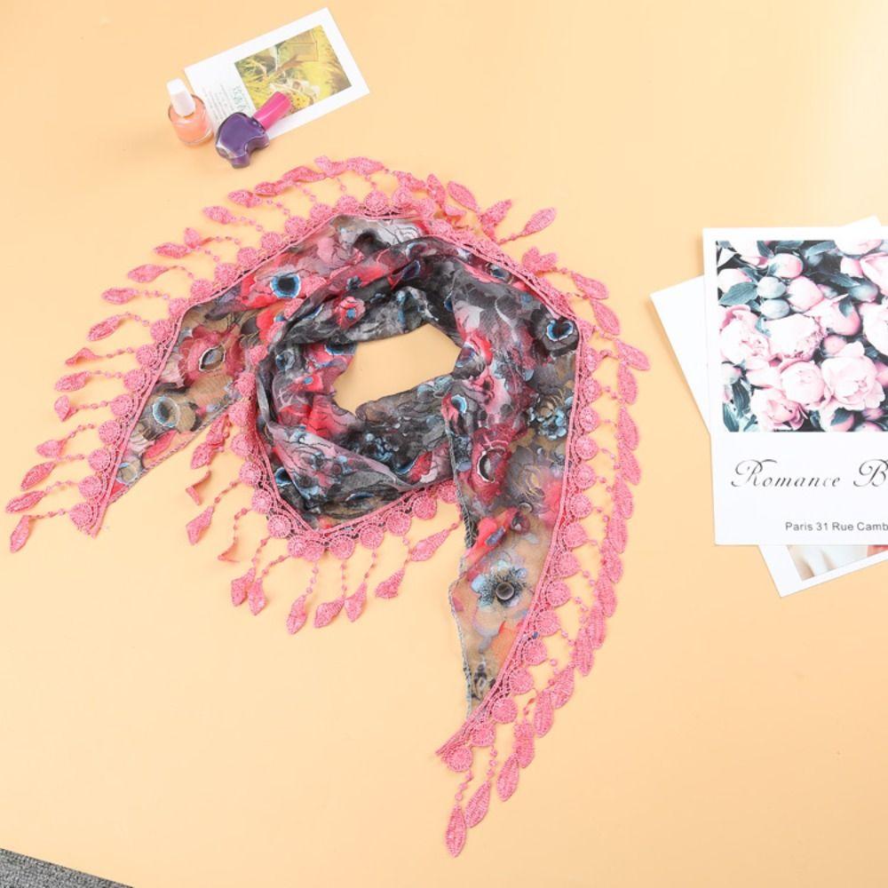 Sun Protection Lace Scarf with Tassel Flower Triangle Headband Cute Printed  Wraps  Beach