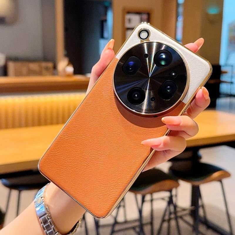 Splicing Faux Leather Case for OPPO Find X9 Ultra Find X9s Pro, Ultra-thin Full Cover Electroplated Gold Bumper Phone Shell