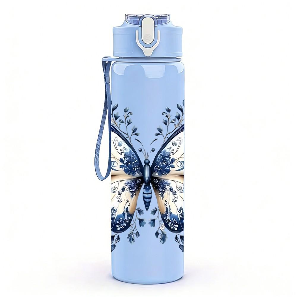 1PC Bright Blue Butterfly Pattern 750ml Color Plastic Sports Water Bottle Leakproof Flip Straw Lid Suitable for Sports Office Home Use