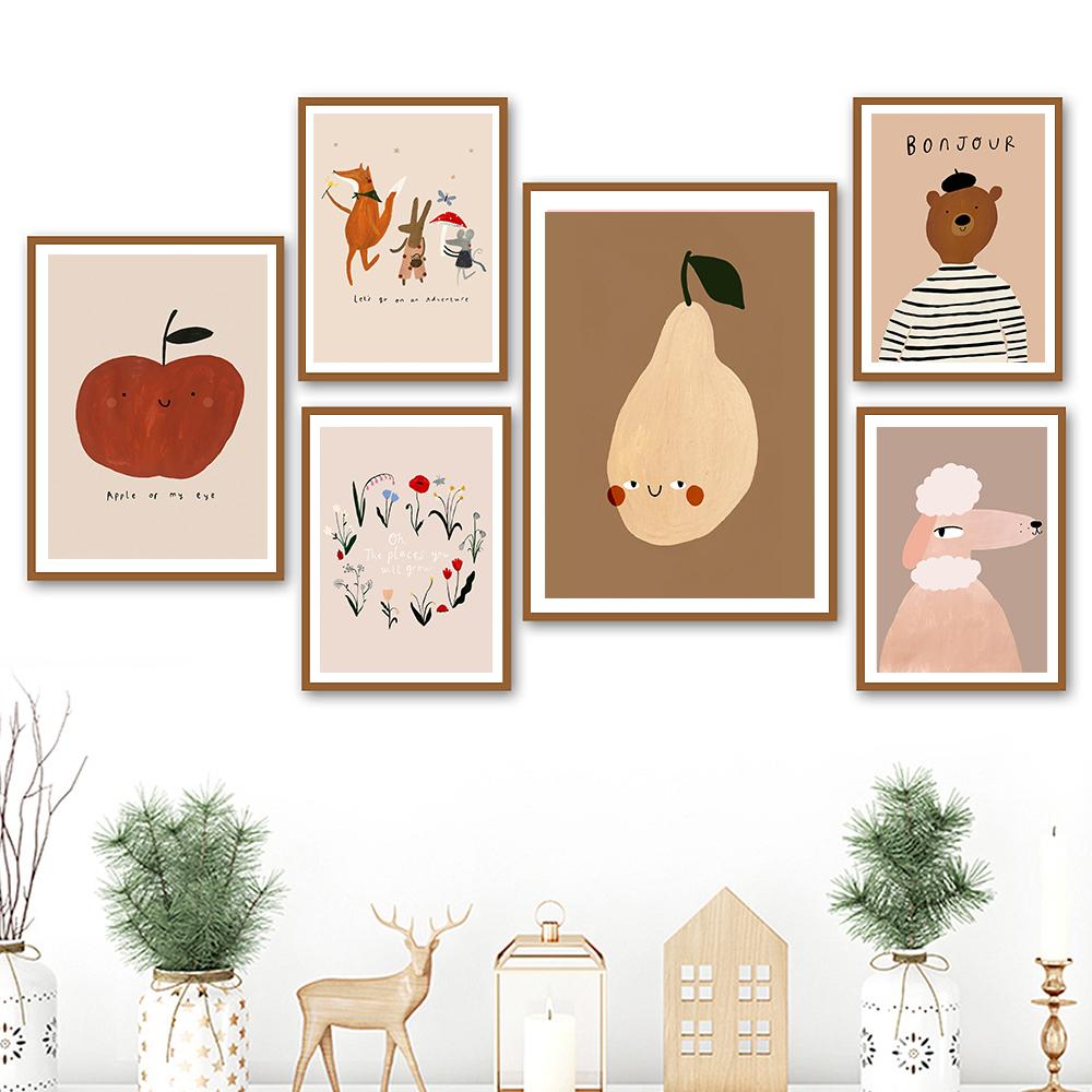 Hund Gans Kaninchen Bär Wildflower Cartoon Poster Obst Apfel Birne Wand Kunst Leinwand Malerei Drucke Bilder Baby Kinder Zimmer Dekor
