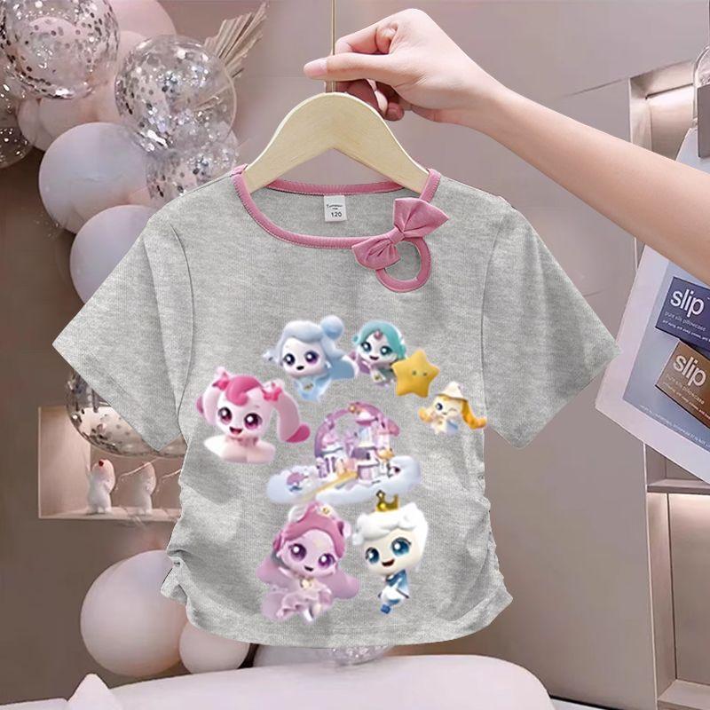 Girls' Cute Bowtie Top for Summer Children's Fashionable Round-neck Short-sleeved Pure Cotton T-shirt