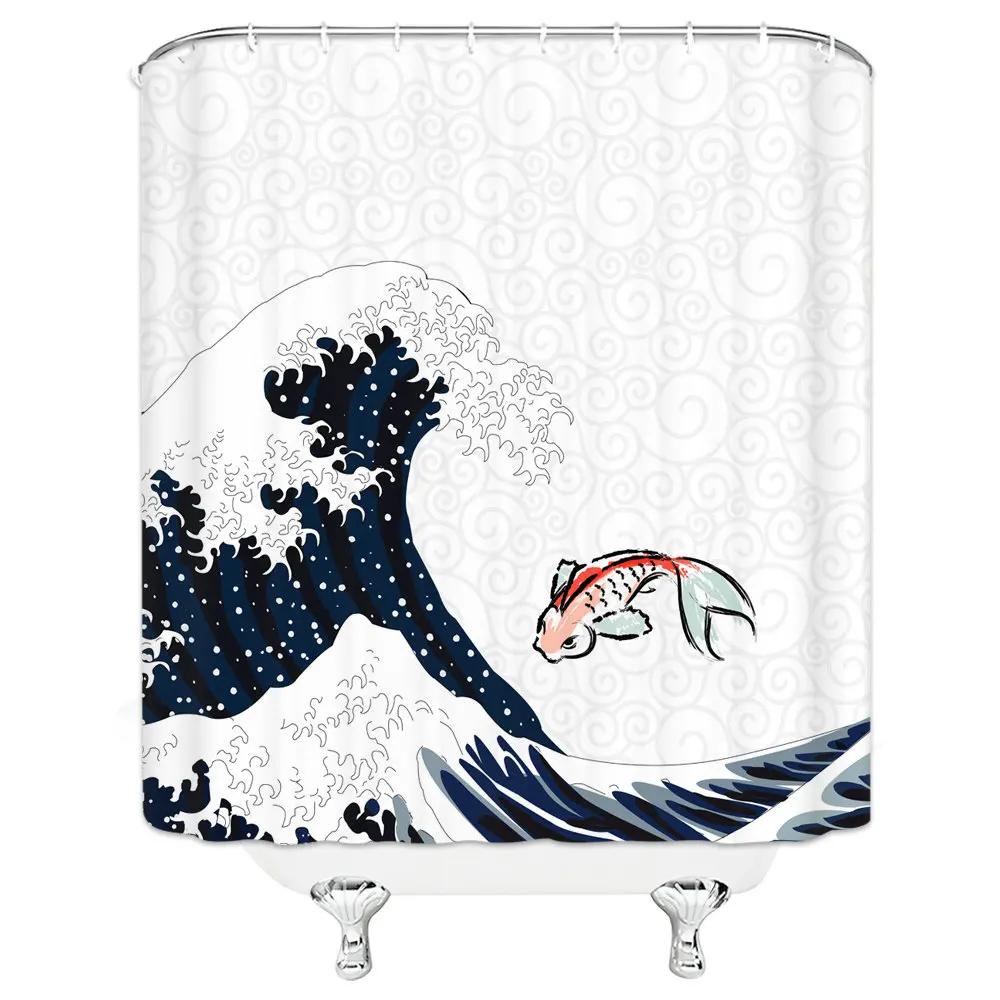 Japanese Sea Waves Koi Spray Fabric Shower Curtain Bathroom Curtains Plum Blossoms Mount Fuji Landscape Bath Screen With Hooks