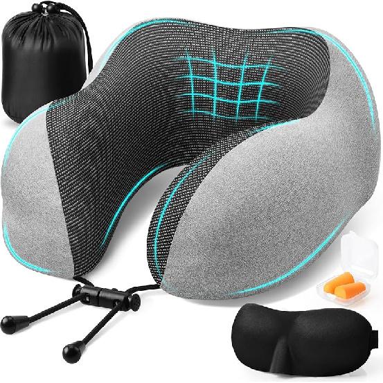 Travel Pillow, Travel Pillows for Sleeping Airplane, Removable Cover Neck Pillow with Adjustable Clasp, Memory Foam Neck Pillow Set with Eye Mask,