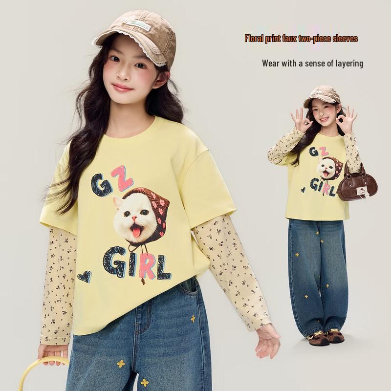 Girls' Fake Two-Piece Floral Long-Sleeve T-Shirt