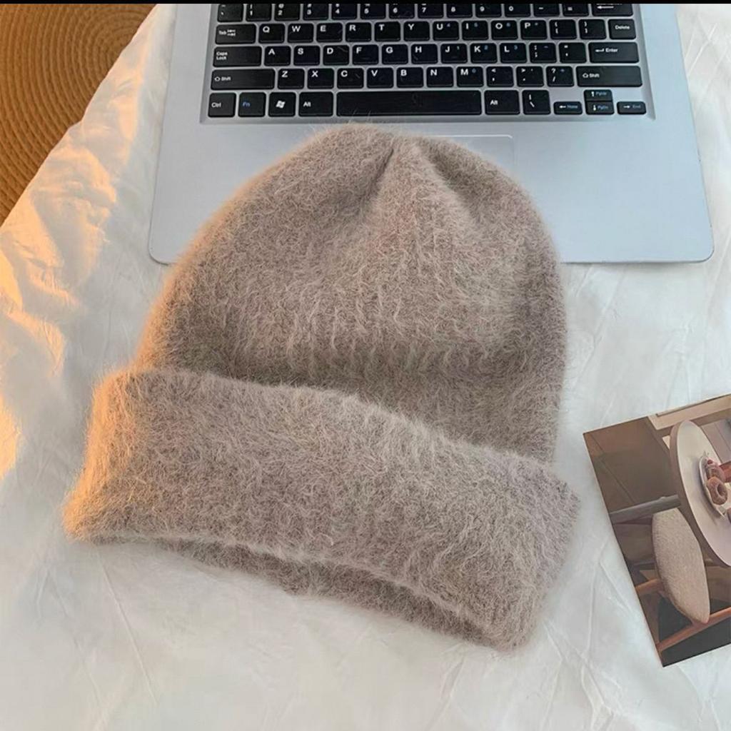 Rabbit Fur Hat Women's Winter Warm Wool Hat Big Head Circumference White Plush Knitted Hat Autumn and Winter Ear Protection Cold Hat